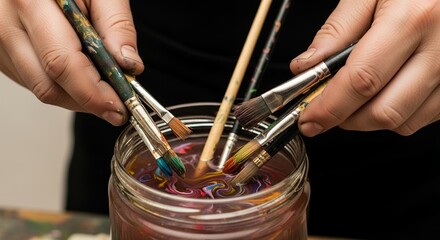Artist's Hands Cleaning Paintbrushes in Jar of Colorful Water