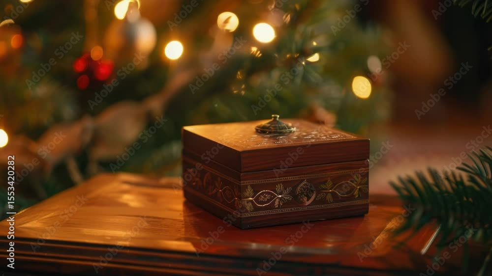 Poster a wooden box is placed on a table with a simple design