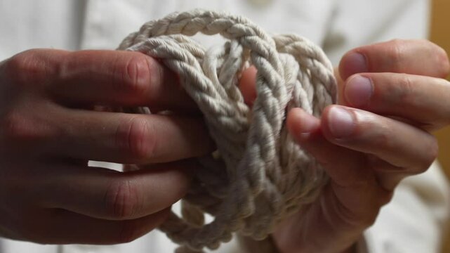 The ability to tie a strong and reliable knot with your hands.
A man makes a knot or loop on a rope