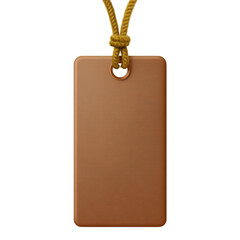 Realistic brown rectangular tag with a textured surface and thick yellow rope isolated on transparent background