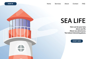 Lighthouse. Marine, sea coast, sea life, nautical concept. Vector illustration. Website, banner template.