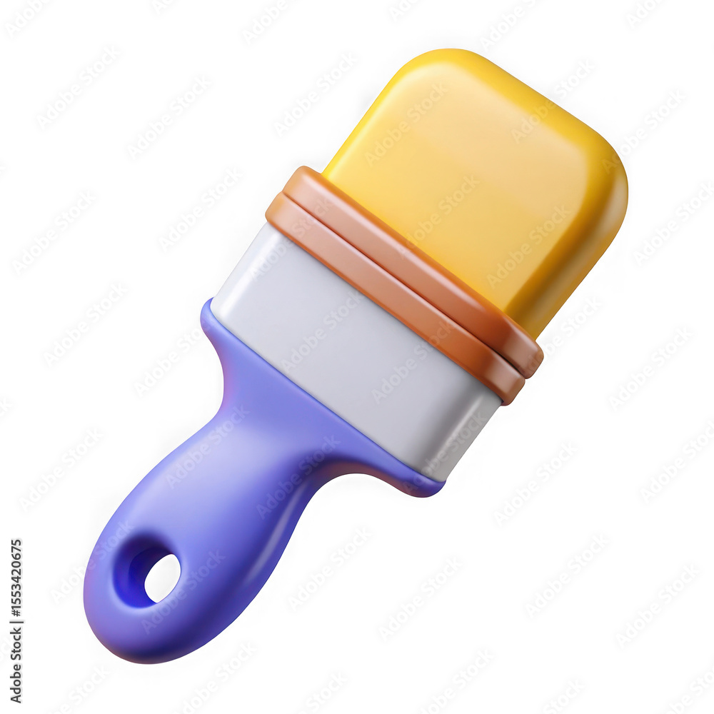 Poster stylized 3d rendering of a paint brush with a purple handle and yellow bristles isolated on transpar