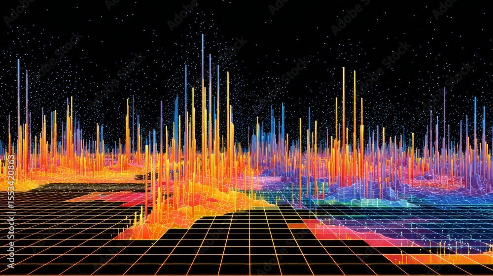 Poster Abstract D graph with bars and lines emerging from a grid, each section in bright, contrasting colors to illustrate data clearly