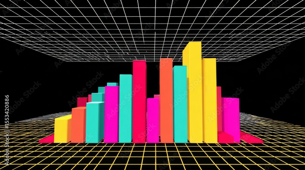 Poster Abstract D graph with bars and lines emerging from a grid, each section in bright, contrasting colors to illustrate data clearly