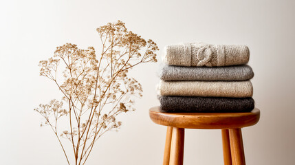 A stack of knitted sweaters on a wooden stool, with dried flowers above it