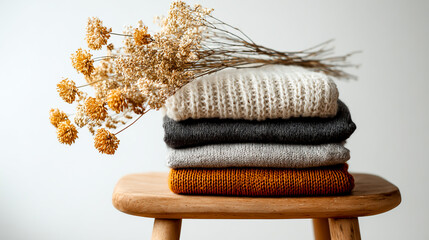 A stack of knitted sweaters on a wooden stool, with dried flowers above it