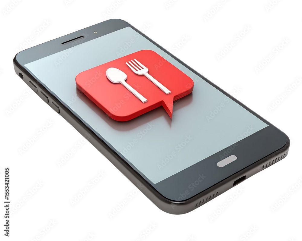 Poster smartphone displaying a red speech bubble with a fork and spoon icon isolated on transparent backgro