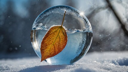 Autumn Leaf Suspended in a Frozen Glass Sphere on Snowy Ground