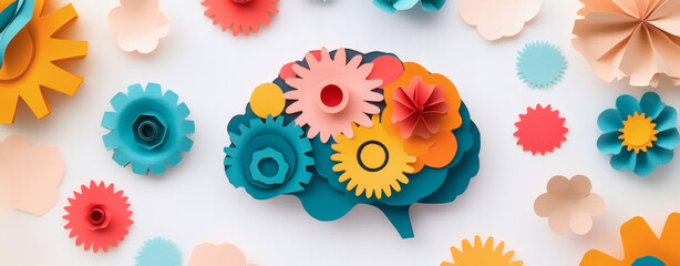 A colorful brain illustration with gears and flowers, mental health, cognitive wellness and creativity
