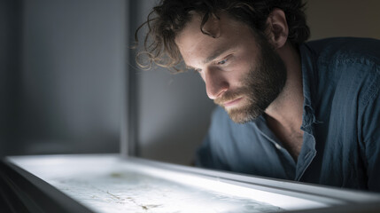portrait of hydrobiologist with focused expression studying marine life in aquarium