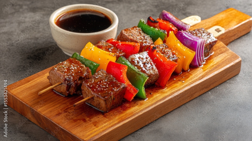 Poster an artistic arrangement of colorful skewers, featuring chunks of beef, bell peppers, and onions, pla