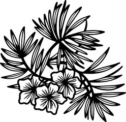 Hand drawn tropical flowers and palm leaves black and white  illustration