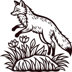 Obraz premium Jumping fox illustration with wildflowers and rock isolated on white background engraved vintage