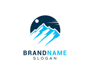 Mountain peak logo design icon. Outdoor hiking adventure emblem. Mountain summit vector illustration.
