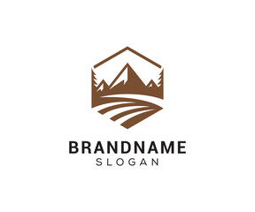 Mountain peak logo design icon. Outdoor hiking adventure emblem. Mountain summit vector illustration.