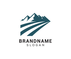 Mountain peak logo design icon. Outdoor hiking adventure emblem. Mountain summit vector illustration.