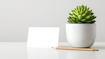 A white ceramic pot with a green succulent plant on the table, a blank card and pencil beside it