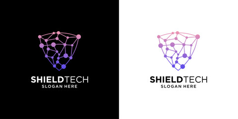 Shield tech logo design template. Abstract shape network connection symbol concept.
