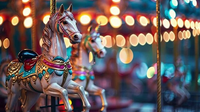 Dreamy outoffocus carousel horses spinning endlessly.