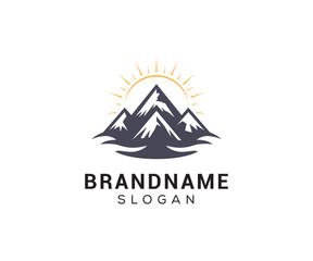 Mountain peak logo design icon. Outdoor hiking adventure emblem. Mountain summit vector illustration.