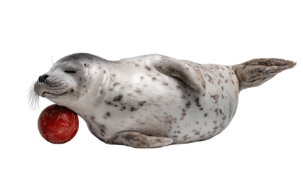 A playful seal relaxing with a vibrant red ball. transparent background