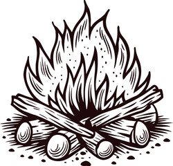 Vintage woodcut illustration of a campfire with burning logs and flames in rustic engraving