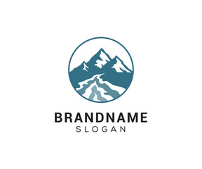 Mountain peak logo design icon. Outdoor hiking adventure emblem. Mountain summit vector illustration.