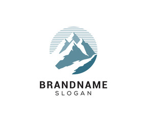 Mountain peak logo design icon. Outdoor hiking adventure emblem. Mountain summit vector illustration.