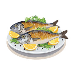 plate of two grilled whole fish with charred skin, garnished with fresh herbs, black peppercorns, and lemon wedges
