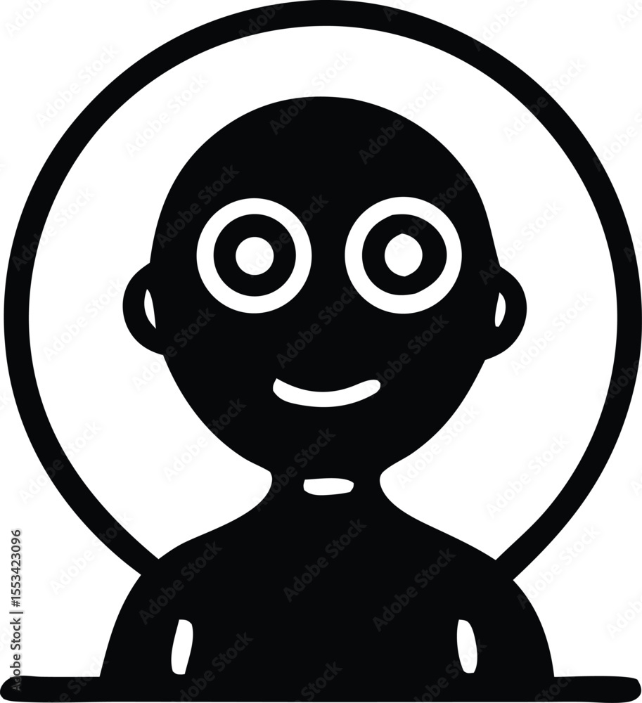 Poster stylized black and white icon of a smiling bald figure with large concentric circle eyes enclosed wi