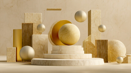 Abstract composition with geometric shapes and spheres in golden, beige, and white colors on a stone podium