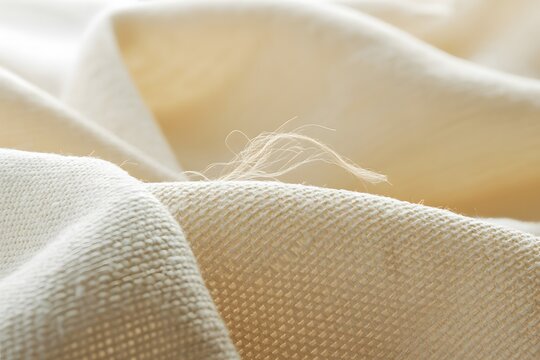 Close up of a beige linen fabric with loose threads