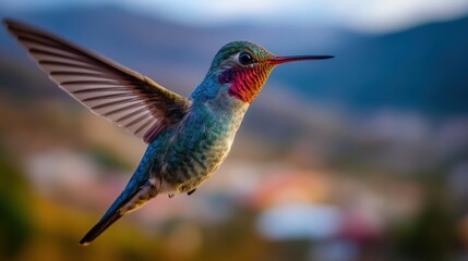 Fototapeta premium Close-up of a colorful hummingbird mid-flight with blurred background