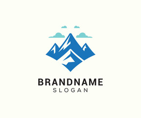 Mountain peak logo design icon. Outdoor hiking adventure emblem. Mountain summit vector illustration.