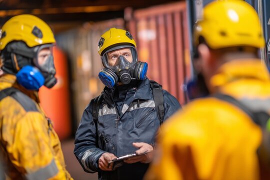 Workers in protective gear discuss safety in a potentially hazardous environment.