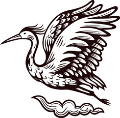 Obraz premium Ornate hand drawn flying crane with spread wings and detailed feathers above stylized cloud in vintage engraving