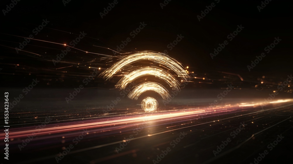 Poster an artistic representation of a wi-fi symbol composed of digital elements and glowing lines, set aga