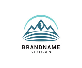 Mountain peak logo design icon. Outdoor hiking adventure emblem. Mountain summit vector illustration.