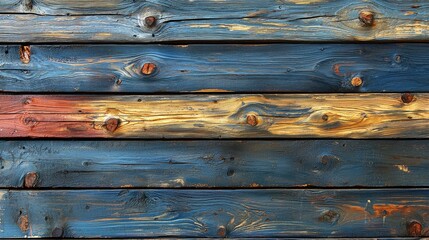 Aged wooden planks in varying shades of blue, red, and gold.