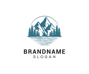 Mountain peak logo design icon. Outdoor hiking adventure emblem. Mountain summit vector illustration.