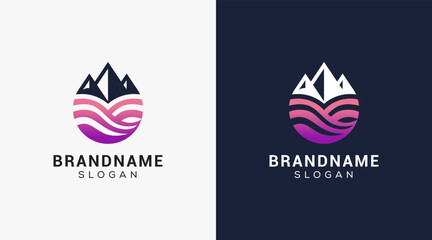 Mountain peak logo design icon. Outdoor hiking adventure emblem. Mountain summit vector illustration.