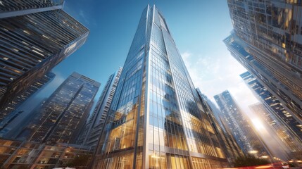Obraz premium Modern skyscraper architecture in urban evening city with sleek reflective designs