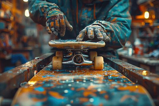 A person with dirty, gloved hands works on a skateboard, which is positioned on a maintenance stand in a workshop, suggesting a focus on repairs or customization