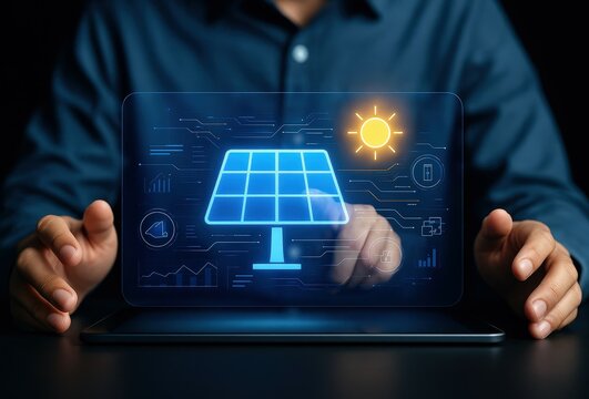 Sustainable energy future is presented on a digital screen with solar panels and the sun glowing, person interacting
