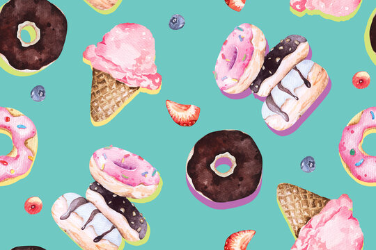Seamless pattern of dessert, icecream, donuts, chocolate, strawberry bakery on green background. Suitable for fabric design, wallpaper.Bright and cute colors for restaurant.