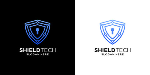 Shield tech with keyhole logo template. Abstract cyberspace logo usable for business technology.