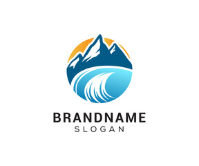 Mountain peak logo design icon. Outdoor hiking adventure emblem. Mountain summit vector illustration.