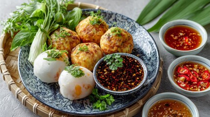 An artistic shot of a plate with various types of  and , garnished with fresh herbs and served with dipping sauces, set against a clean table setting.