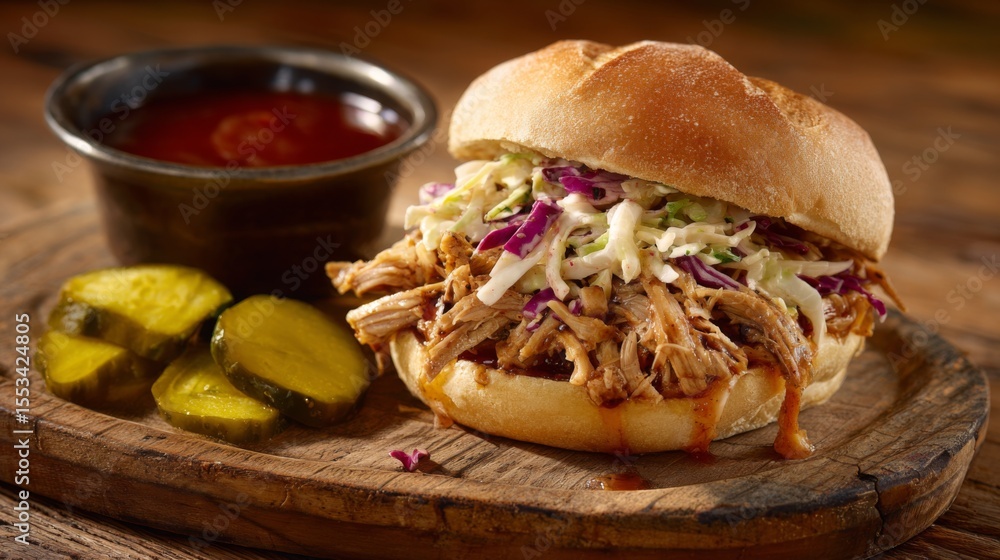 Poster an artistic shot of a pulled pork sandwich topped with coleslaw, served on a rustic wooden board wit