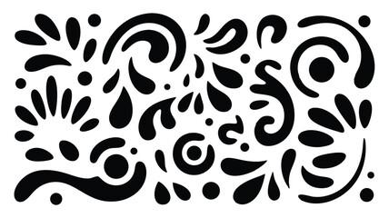 Black and White Abstract Design with Swirls, Spots, and Fluid Shapes Composition